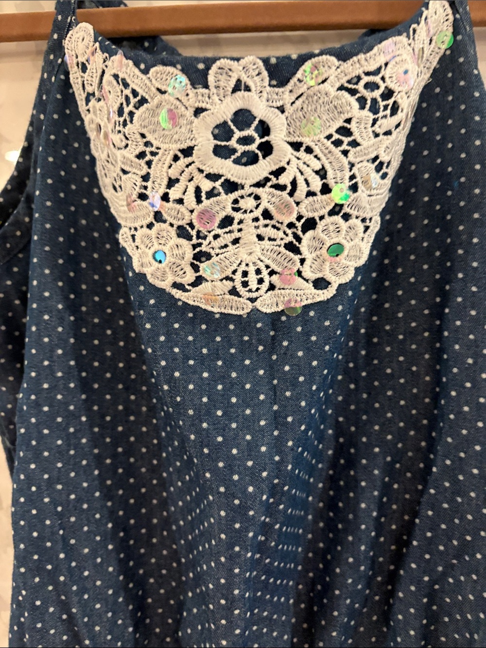 Navy Polka Dot Romper with Lace Yoke